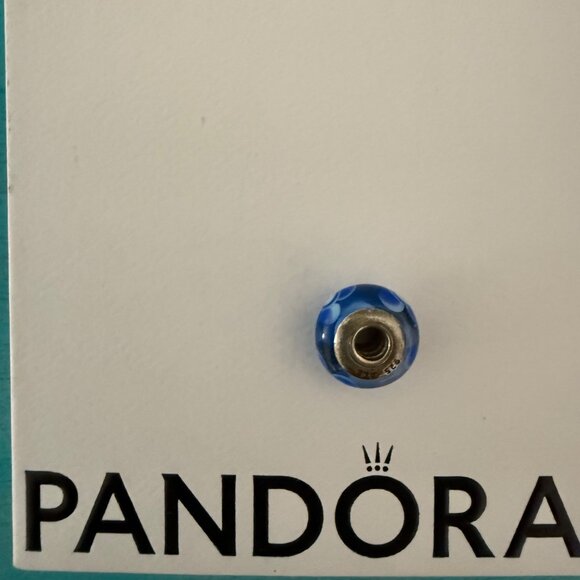 Retired Pandora Blue & White Floral Murano Glass Charm Bead Sterling Silver S 92 - Picture 4 of 4